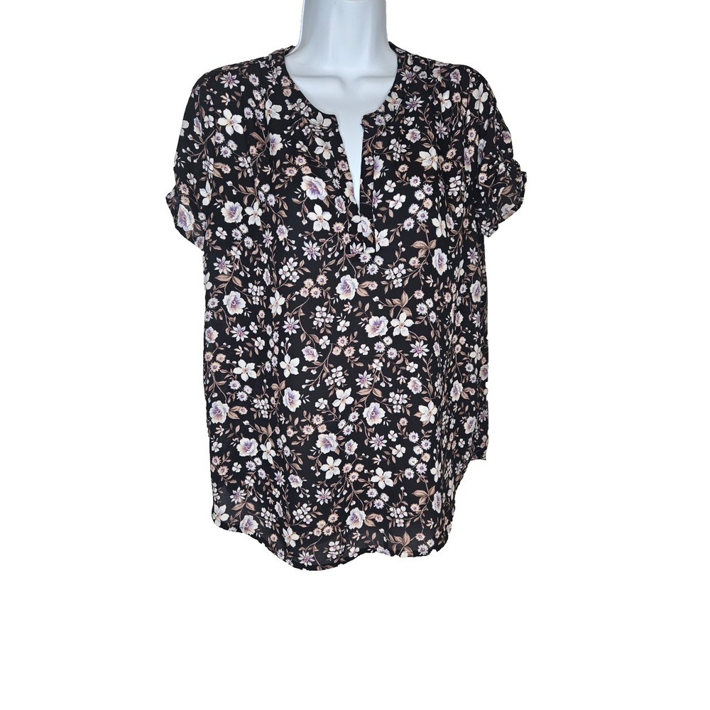 Pleione Floral Blouse S Black V Neck Roll Tab Sleeve Lightweight Top Cottagecore